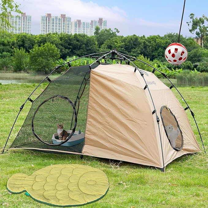 Pop Up Catio Tent Indoor Outdoor Cat Playpen Tent & Fish Shaped Cat Bed Set, 2-Space Cat Enclosure (Play/Rest/Litter Box Hideaway) Double Sided Cotton Pet Bed High-Value Cat Gear Bundle for Cats Dogs