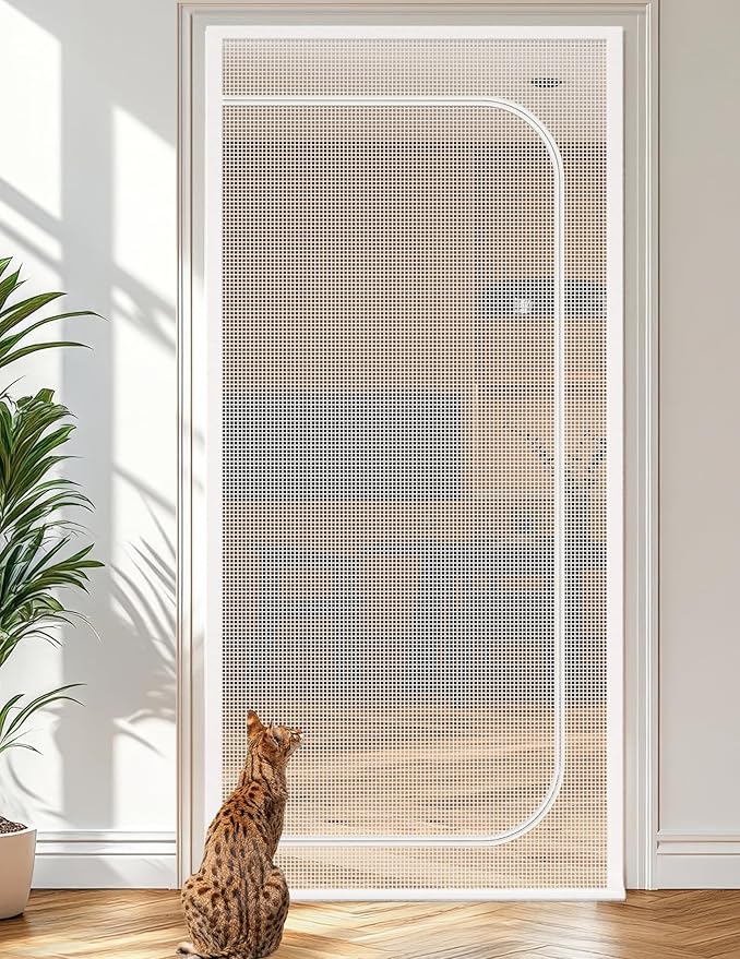 BFNN Cat Screen Door, Extra Tall Cat-Proof Mesh Gate, Fit Door Size 32'' x 80'', Anti-Cat Scratch Mesh with Zipper Closure, for Living Room, Kitchen, Bedroom (White)