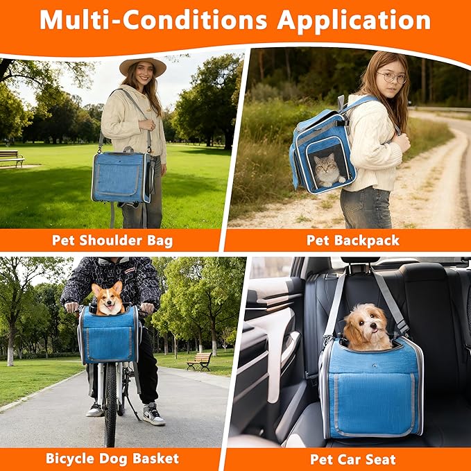 Dog Bike Basket, Expandable Soft Edge Pet Carrier Backpack, Foldable Dog Bicycle Carriers with 4 Mesh Windows, for Medium Cats&Dogs, Suitable for Cross Shaped, Shoulder and Car Seats (Blue)