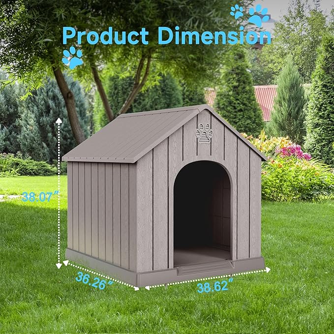 DRATO Large Dog House Indoor Outdoor Waterproof,Puppy Shelter with Air Vents and Elevated Floor,Sturdy Dog Kennel for Small to Large Sized Dogs, Easy to Assemble (Grey, 38.62×36.26×38.07 Inches)