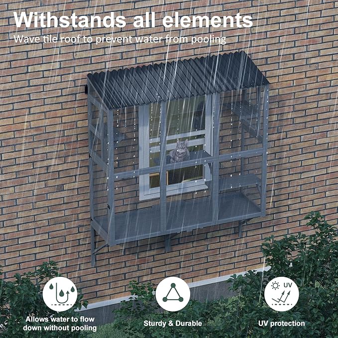 Cat Catio, Expandable Window Box Enclosure for Multiple Indoor Cats, Comfortable Wooden Small Pet Perch House, All-Weather Use, for Safely Enjoying Outdoor Sights, Playing, Sunbathing, Napping