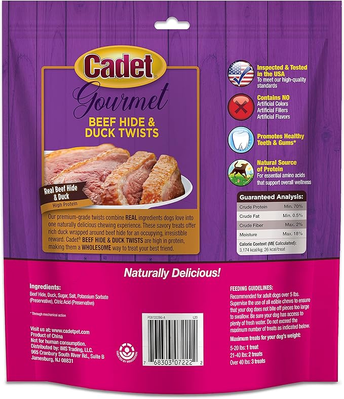 Cadet Gourmet Twists Sticks- Long Lasting & Natural Dog Treats for Large & Small Dogs Beef Hide & Duck - Inspected & Tested in USA (50 Count) (Pack of 2)