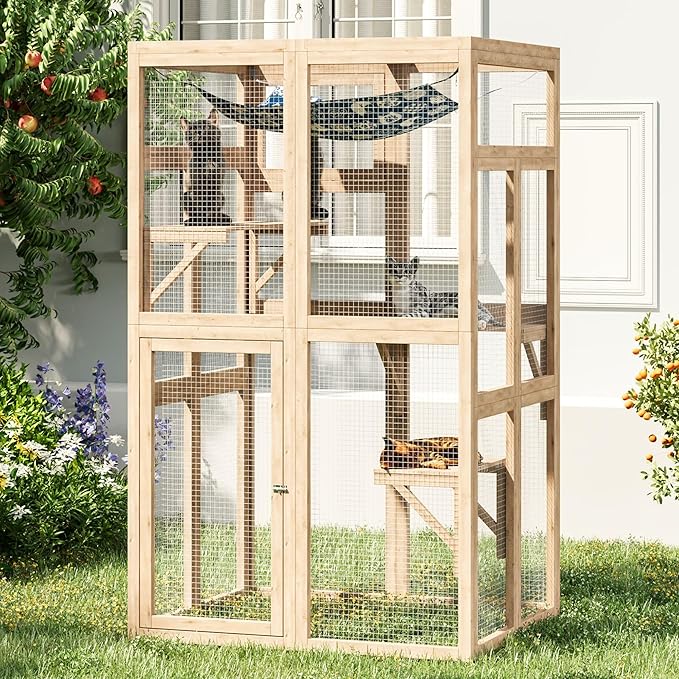 64 Inch Catio Outdoor Cat Enclosure, Large Cat House for Outdoor Cats with Updated Framework Structure, Outside Cat Patio Cattery Weatherproof for Multiple Cats, Natural