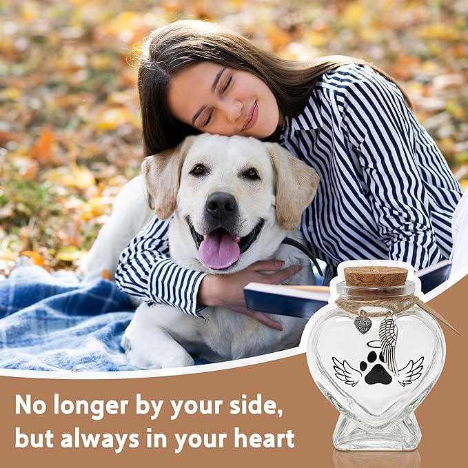 Pet Memorial Gift for Loss of Cat, Heart Shape Glass Jar & Bottle for Fur, Hair, Whiskers or Ashes Keepsake Urn with Cork Top, Charms for Cute Rainbow Bridge Memorial
