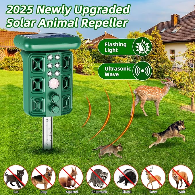 2026 Solar Sonic Racoon Fortress Pro Outdoor Cat Repellent, Ultrasonic Animal Repeller Squirrel Rabbit Deterrent with Motion Sensor&Flash Light to Scare Dog Skunk Out of Garden Yard Farm(