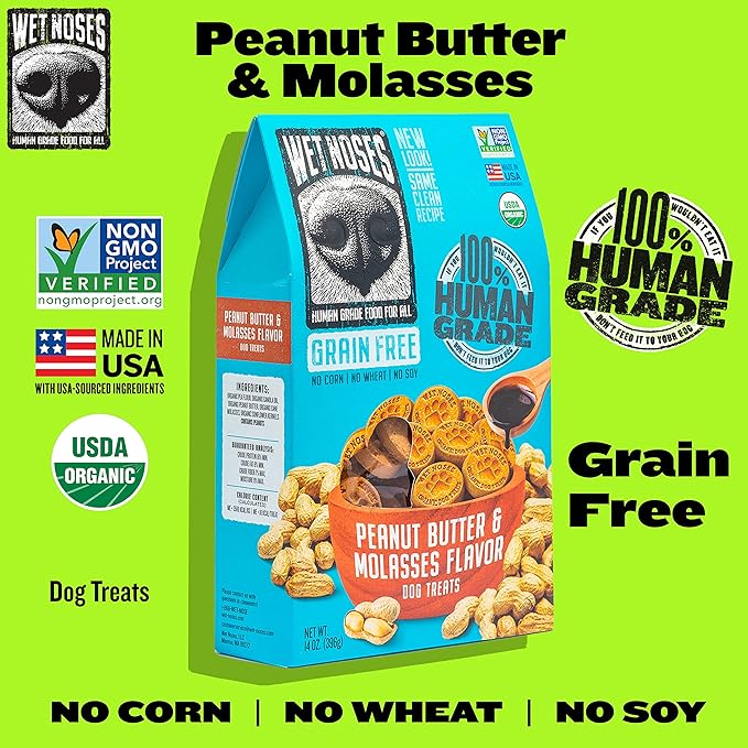 Wet Noses Organic Crunchy Dog Treats – All-Natural, Human-Grade, Non-GMO, Healthy Training & Delicious Snacks for Dogs, All Dog Sizes & Breeds – Grain Free Peanut Butter & Molasses, 14oz (Single Pack)