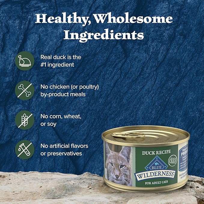 Blue Buffalo Wilderness Natural High-Protein Grain-Free Wet Food for Adult Cats, Duck Paté, 3-oz. Cans, 24 Count