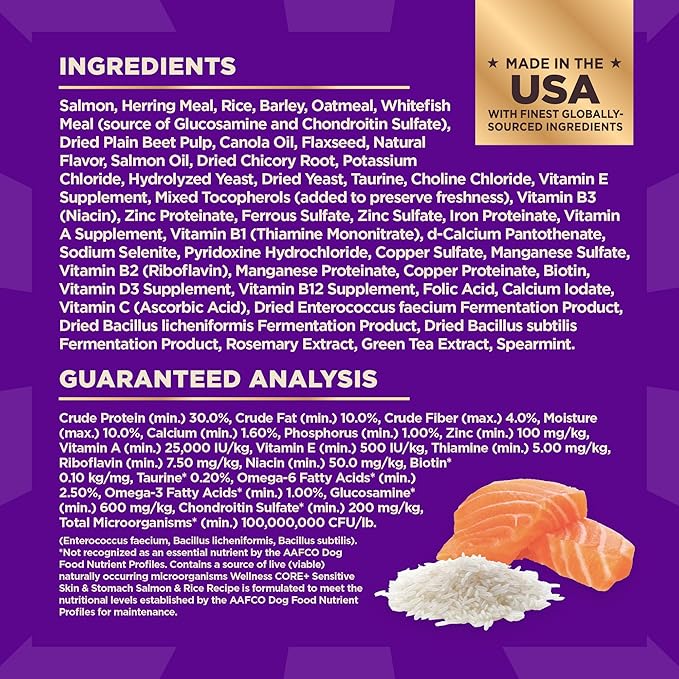 Wellness CORE+ Sensitive Skin and Stomach Adult Dry Dog Food with Freeze Dried Pieces, Wholesome Grain Kibble+, Natural, High Protein, Chicken Free, Salmon and Rice Recipe, 4 lb Bag