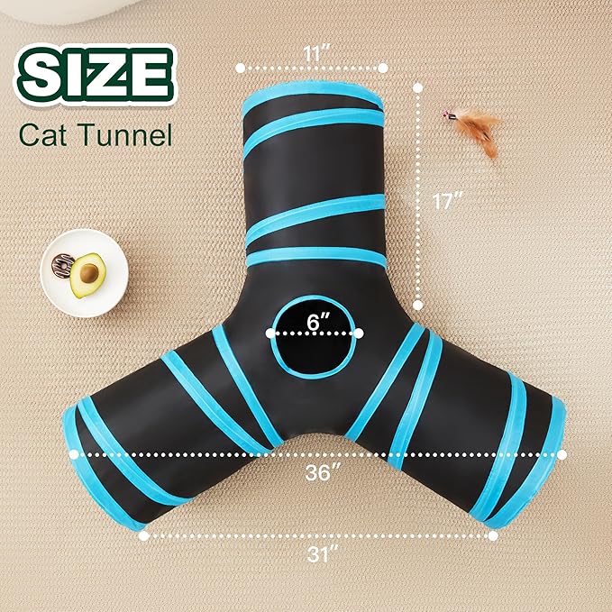 Love’s Cabin Cat Tunnel for Indoor Cats, 3-Way Collapsible Play Tunnel with Teaser Wand, Peek Holes & Toy Ball, Small Pet Toy for Kittens & Rabbits, Black & Blue, Medium Size