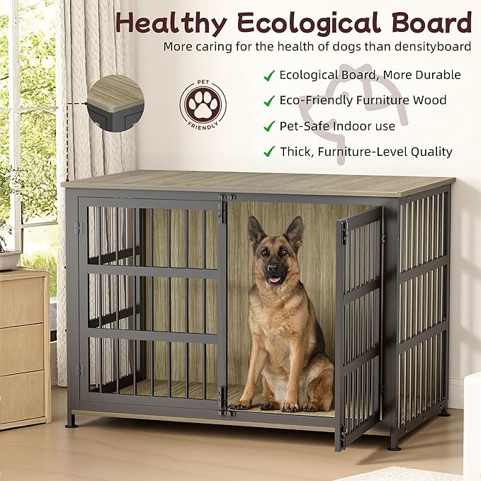 46'' Dog Crate Furniture Large Breed Dog Crate Dog Kennels for Inside Wooden Dog Crates End Table Heavy Duty Indoor Combination Cage for Medium to Large Dogs Maple