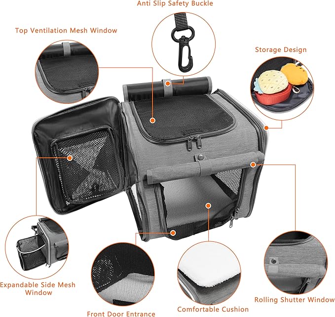 Dog Bike Basket, Expandable Soft Edge Pet Carrier Backpack, Foldable Dog Bicycle Carriers with 4 Mesh Windows, for Medium Cats&Dogs, Suitable for Cross Shaped, Shoulder and Car Seats (Grey)