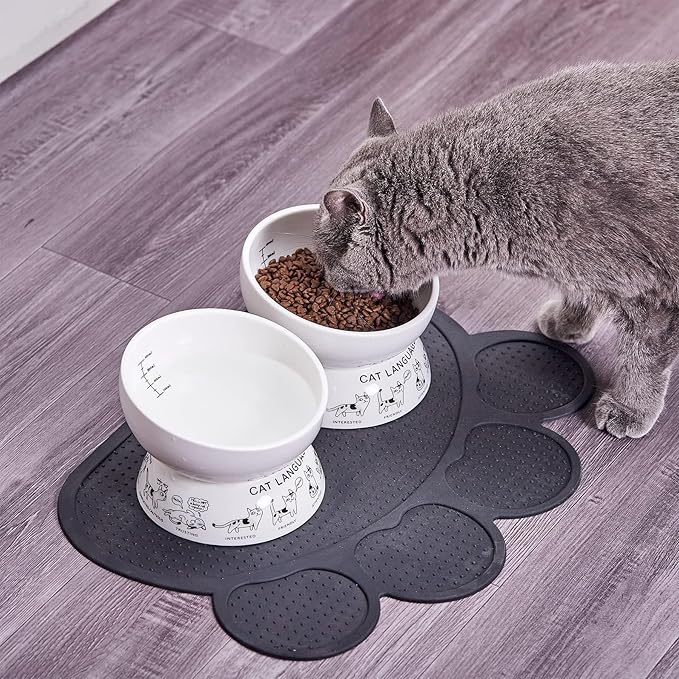 Ceramic Raised Cat Bowls | Tilted Elevated Bowl for Food and Water | Small Dog Bowl With Anti-Slip Silicone Pet Food Mat | 2 Pack Black Set