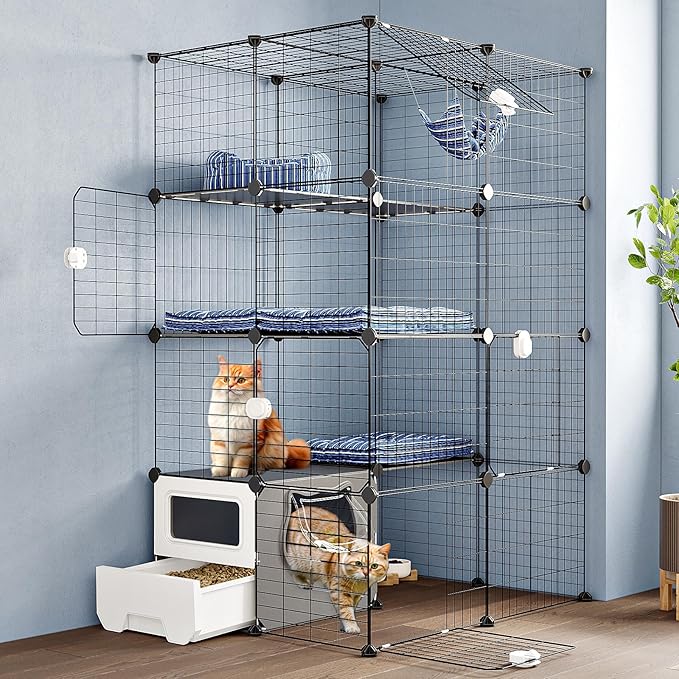 Oneluck Cat Cage with Litter Box, 4-Tier DIY Enclosures Detachable Metal Wire Kennel Catio Indoor Crate Large Exercise Place Ideal for 1-2 Cats