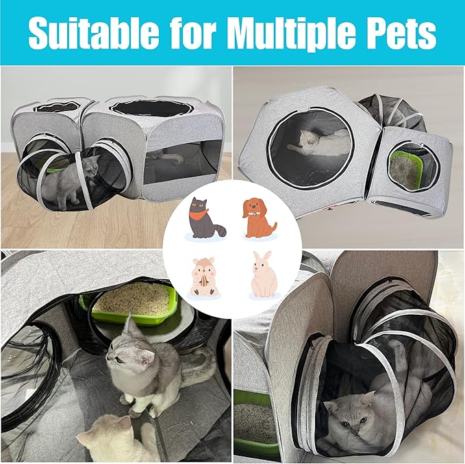 Portable Cat Playpen 2-Room with Tunnel, 3-in-1 Pop-up Cat Dog Crate Play Enclosure with Separate Areas, Foldable Pet Playpen for Puppy Kitten and Small Animals Indoor Outdoor
