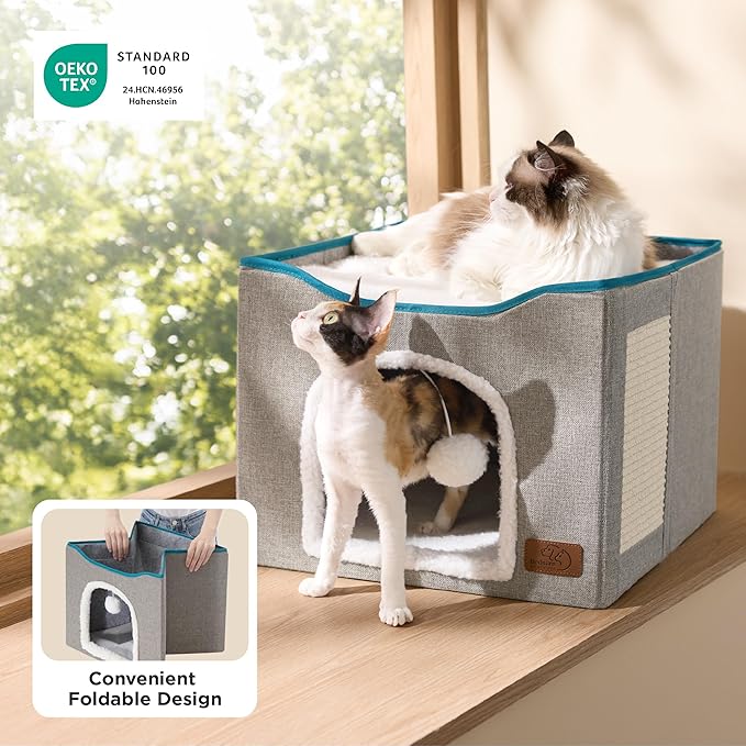 Bedsure Cat Beds for Indoor Cats - Large Cat Cave for Pet Cat House with Fluffy Ball Hanging and Scratch Pad, Foldable Cat Hideaway, 16.5x16.5x13 inches, Brown