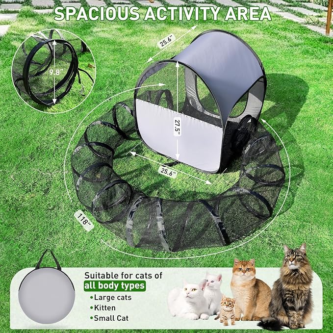Outdoor Cat Playpen with Tunnel - Escape-Proof, Breathable & High-Visibility Mesh, Foldable Pet Playpen for Backyard, Camping, Travel