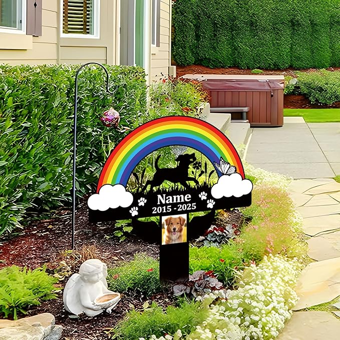 Pet Grave Markers Dog,Metal Pet Headstone for Lost Dog Sympathy Gift,Waterproof Dog Grave Markers for Garden or Indoor,Dog Tombstone Garden Memorial Graves (Rainbow Bridge Dog(Colorful))