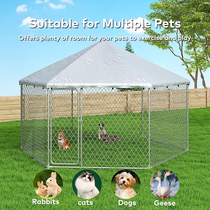 9x9 FT Large Outdoor Dog Kennel Outside with Heavy-Duty Steel Frame, Waterproof UV-Resistant Cover, Secure Lock, and Hexagonal Wire Fence
