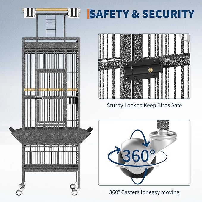 61" Tall Bird Cage - Large Bird Cage with Rolling Stand, Extra Wide Metal Parrot Cage with Play Top & Bowls, Flight Birds House for Macaws, Cockatoos, Conures, Parakeets, Lovebirds