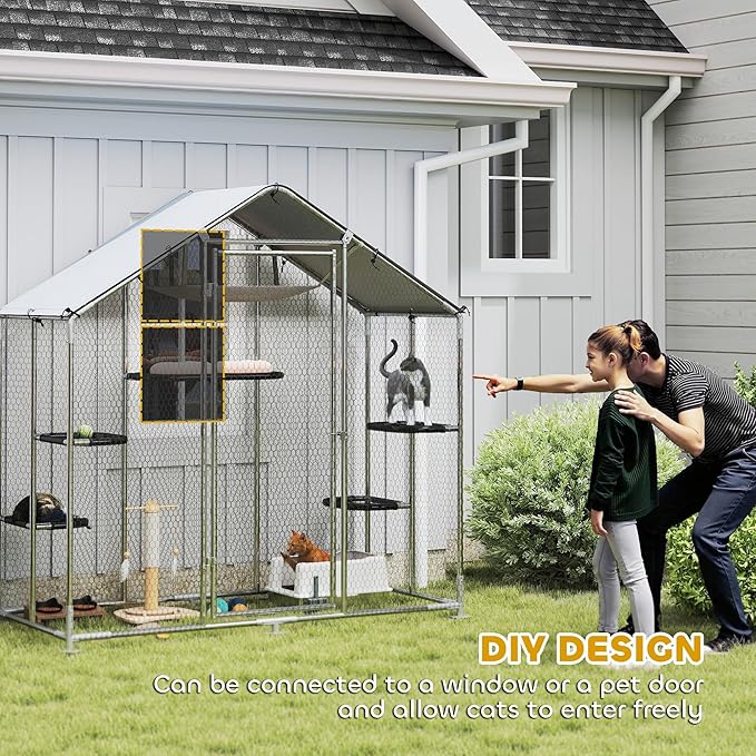 PawHut Large Catio Outdoor Cat Enclosure, Galvanized Steel Walk-in Cat Patio for Multiple Kittens, Outdoor Kitty Cage with Waterproof Cover, 5 Adjustable Platforms, Hammock, Chicken Coop Pointed Roof