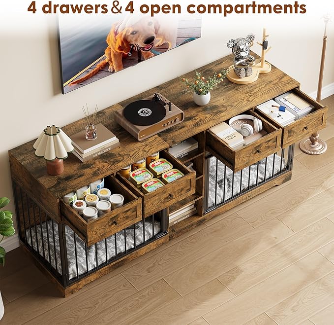 GAOMON 82 Inch Double Dog Crate Furniture with 4 Storage Drawers, Heavy Duty Extra Large Dog Kennel TV Stand for 2 Large Dogs, Wooden Indoor Pet House with 4 Open Shelves, Rustic Brown