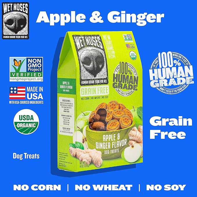 Wet Noses Organic Crunchy Dog Treats Grain Free – All-Natural, Human-Grade, Non-GMO, Healthy Training & Delicious Snacks for Dogs, for All Dog Sizes & Breeds – Apple & Ginger, 14oz (Single Pack)