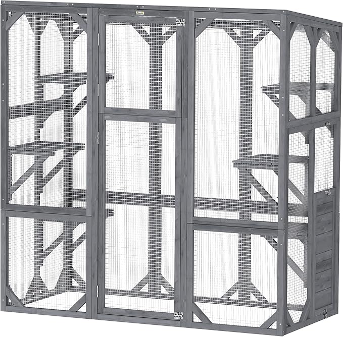 PawHut Catio Outdoor Cat Enclosure, Large Wooden Cat House with 6 Jumping Platforms, Weatherproof Roof, Outdoor Cat Cage Cat Shelter for 1-3 Cats, 59" x 28" x 60", Gray