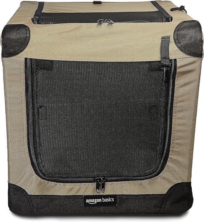 Amazon Basics Portable Folding Soft Dog Crate, 2-Door, Collapsible Travel Kennel, Top & Front Loading, Small 26" x 18" x 18", Tan