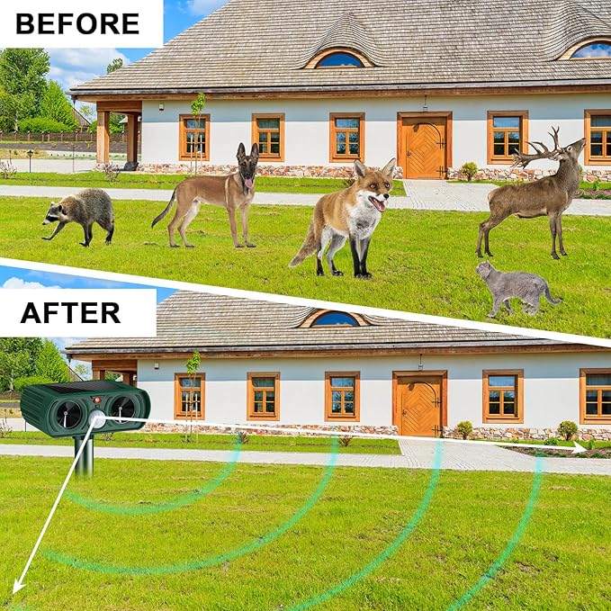 Qualirey 4 Pcs Ultrasonic Animal Repellent Outdoor Solar Powered Pest Repeller Motion Activated Cat Dog Deterrent Waterproof Motion Sensor for Squirrels Raccoon Rabbit Fox, Garden Yard Farm