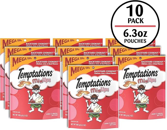 Temptations Cat Treats MixUps Backyard Cookout Flavor Crunchy, Soft Cat Treats, 6.3 oz. Pouch (Pack of 10)
