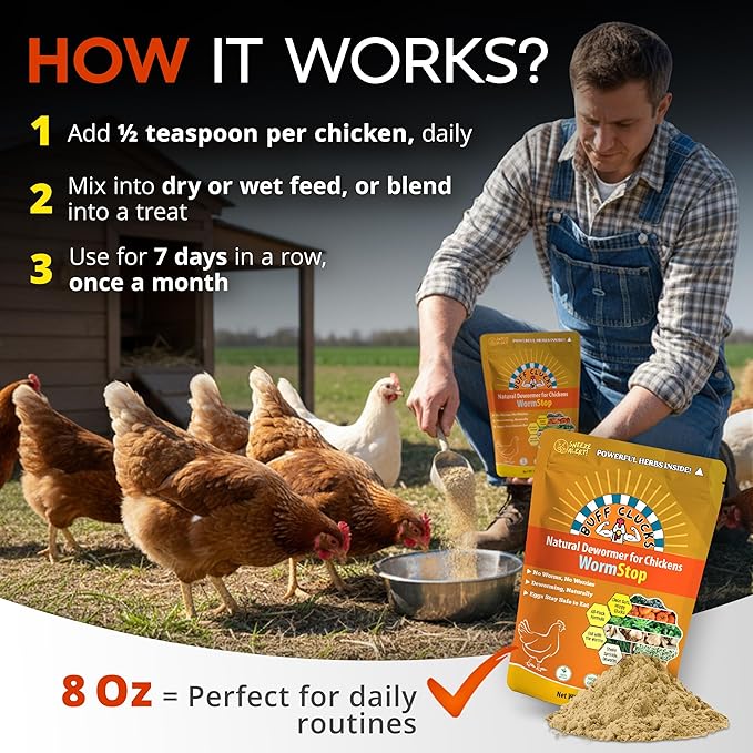 WormStop Natural Chicken Dewormer Powder – All-Natural Herbal Blend for Daily Wellness - Chicken Wormer is Safe for Eggs & All Ages - Garlic, Pumpkin Seed, Wormwood - USA (8 oz)