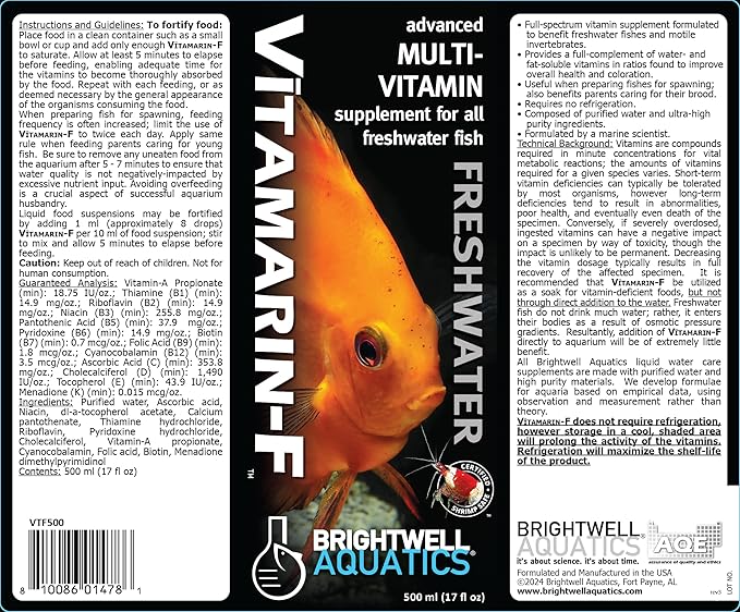 Brightwell Aquatics Vitamarin-F – Complete Vitamin Supplement for Freshwater Fish & Invertebrates – Supports Health, Color & Spawning – No Refrigeration, 125 ml