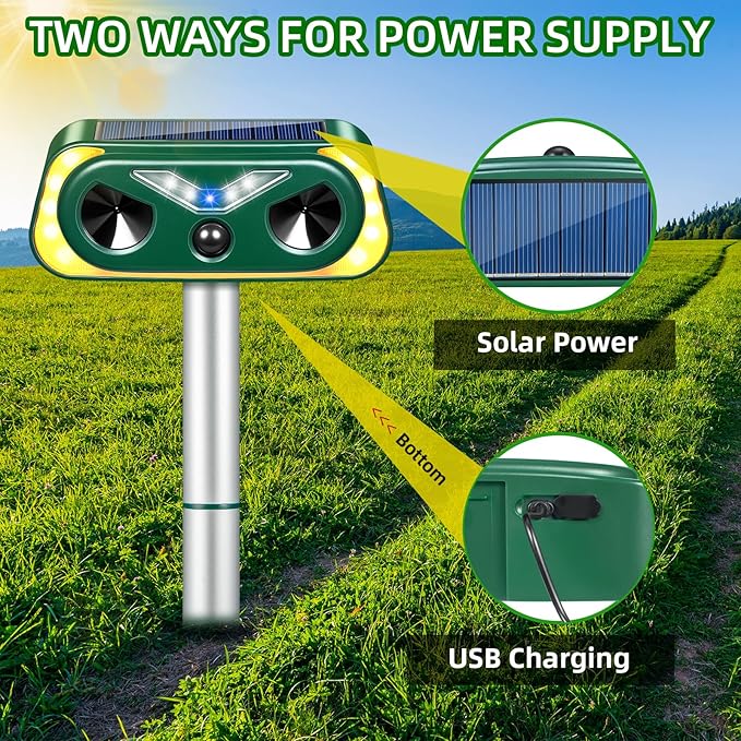 2026 Solar Ultrasonic Animal Repeller Outdoor with Flashing Lights & Motion Sensor Animal Deterrent Devices for Deer, Cat, Squirrel, Raccoon, Rabbit, Fox, Skunk Repellent for Yard Garden,4 Pack