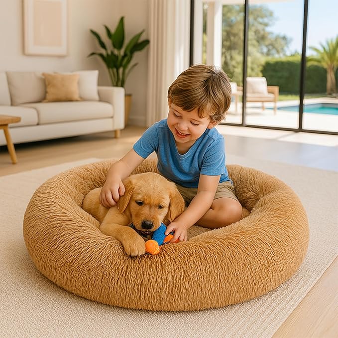 Calming Dog Bed - Fluffy Donut Cuddler for Anxiety Relief, Orthopedic Pet Bed with Non-Slip Bottom, Cozy Round Faux Fur Nest for Dogs and Cats, Plush Crate Mat for Comfort (Camel, Small)