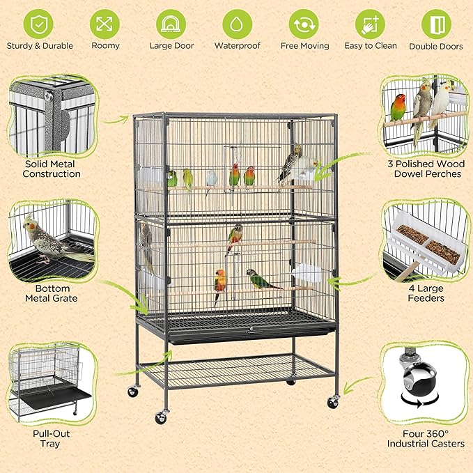 Yaheetech 52'' Bird cage w/Perches & Feeders, Large Birdcage with Pull-Out Tray, Rolling Wheels, Extra Storage, Flight Cage for Cockatiel, Parrot, Parakeet, Conure, Budgie, Pigeon Small/Medium Birds