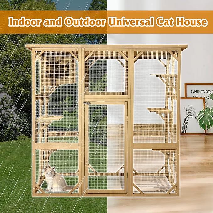 Grepatio Cat Enclosure Large Outdoor Catio Wooden Cat House with Weatherproof, Cat Cage Condo Indoor Playpen with Platform and Small House (Natural)