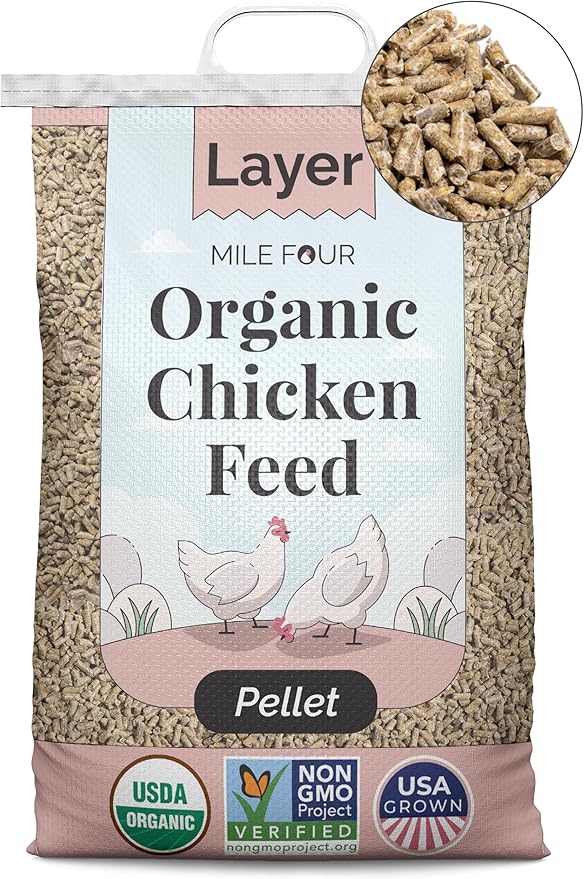 Mile Four Organic Chicken Feed (23 lbs) Layer Pellet, Non-GMO, USA Grown, 16% Protein, Corn-Free, Soy-Free, Non-Medicated Feed for Chickens