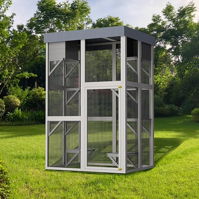 70.5" H Catio Outdoor Cat Enclosure,Cat House with Waterproof Roof and Large Enter Door,Wooden Shelter W/ 6 Jumping Platforms & 2 Napping Houses,Cats Cage for Walk in Kitten Kennel,Gray