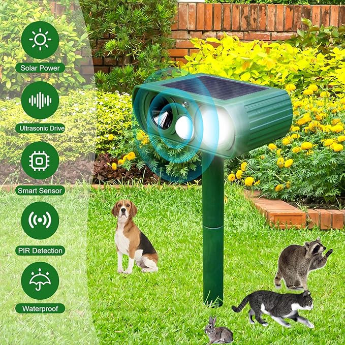 Solar Ultrasonic Animal Repeller, 2025 Cat Repellent Outdoor,Waterproof Deer Repellent for Raccoon,Dog,Fox, Deer, Skunk,Squirrel, Rabbit with LED Flashing and Motion Sensor,Sound Green