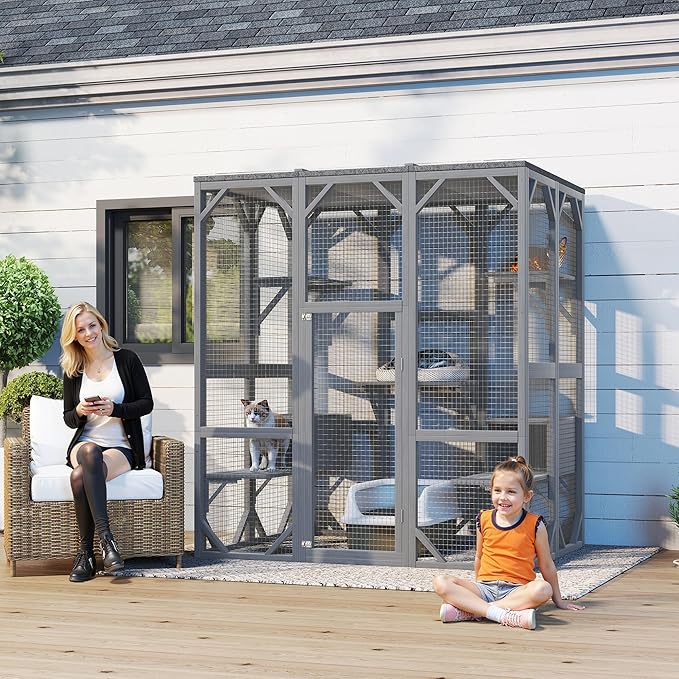 KEIKI Outdoor Cat Enclosure Large, 71" Cat House for Multiple Cats with Waterproof Roof, 3 Tier Cat Cage with 6 Platforms, Weatherproof Outdoor Cat Catio, Gray