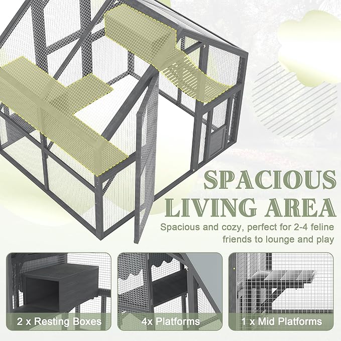 KEIKI 74" Large Outdoor Cat Enclosure for Multiple Cats, Weatherproof Wooden Catio with Platforms, Resting Boxes, Bridges and Canopy, Outdoor Cat House Cat Cage Outdoor, Gray