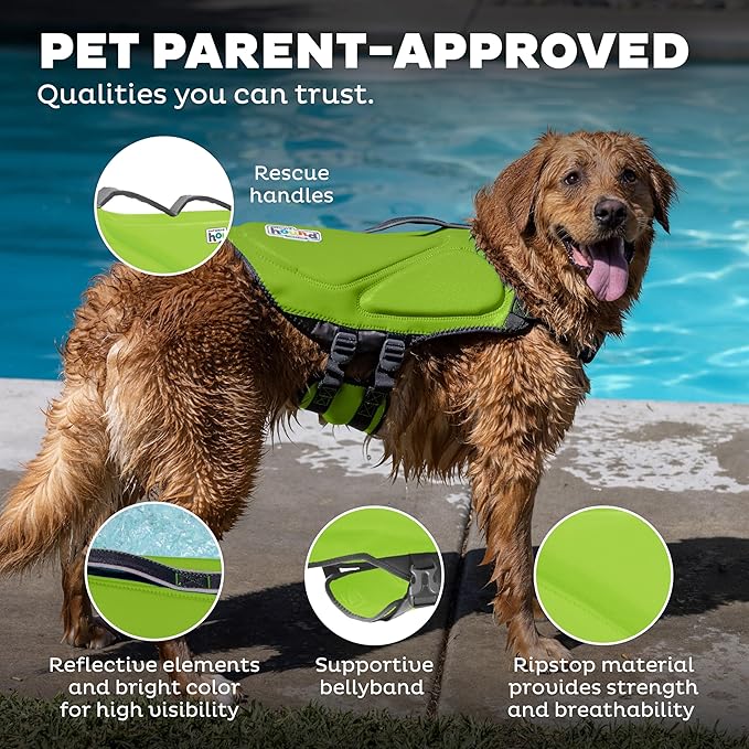 Outward Hound Dawson Swim Dog Life Jacket, High-Performance Neoprene Dog Life Vest for Swimming, Boating, and Water Safety, XL, Green