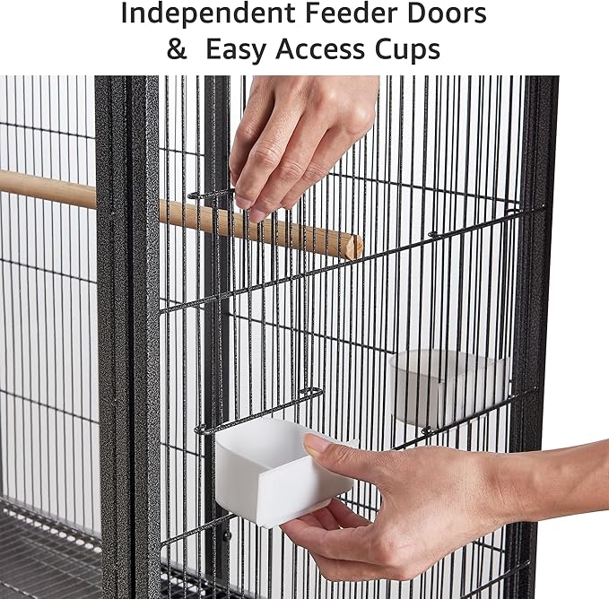beeNbkks 65" Bird Cage with Storage Cabinet & Clear View Front Doors, Rolling Metal Parakeet House with Stand, Large Parrot Aviary for Cockatiels Conures Budgies, 0.5" Bar Spacing, Deep Grey