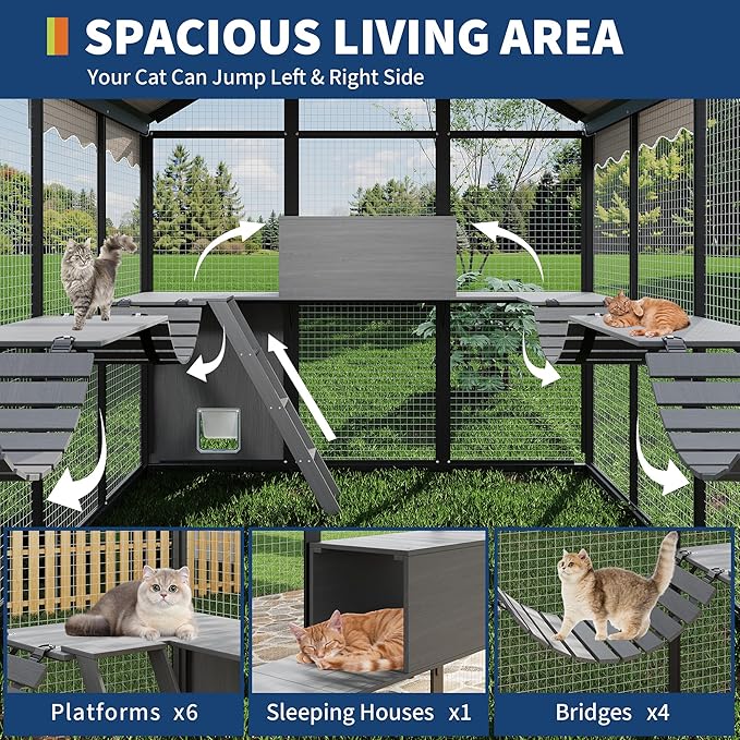 Large Outdoor Cat Enclosure for Multiple Cats - Weatherproof Catio with UV Cover, Platform & Side Door