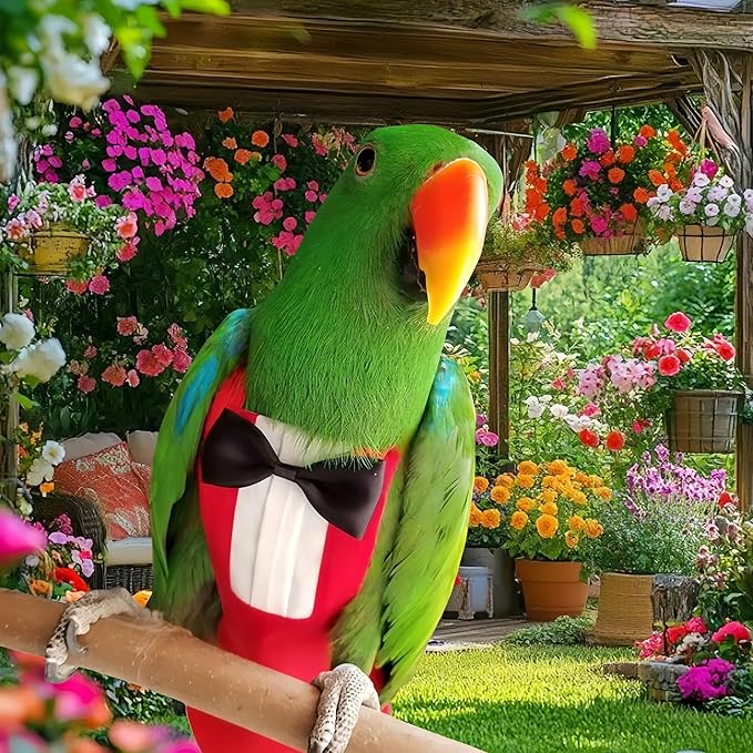 Bird Diapers with Bow Bird Harness Tuxedo Flight Suits with 80in Flying Leash Parrot Nappy with Waterproof Inner Layer Urine Wet Suite for Cockatiel Conure Parakeet Macaw Budgie-Red,L