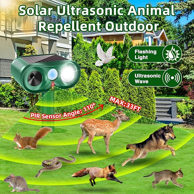 2026 Solar Animal Repellent Ultrasonic Outdoor Cat Repellent Solar Animal Repeller with Motion Sensor&LED Flashlight Deer Repellent Devices Repels All Animal Repellent Outdoor,Protect Plants