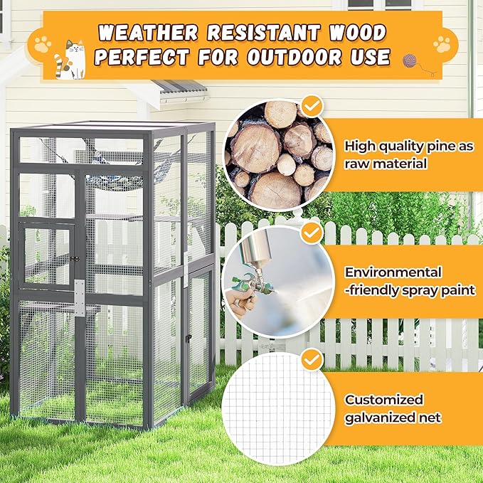 Catio Outdoor Cat Enclosure - Premium Wooden Cat Catio with Window Access & Breathable Mesh, Weatherproof Kitty House for Patio/Backyard/Indoor (Gray)