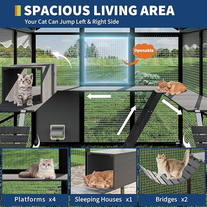 Large Outdoor Cat Enclosure for Multiple Cats - Weatherproof Catio with UV Cover, Platform & Side Door