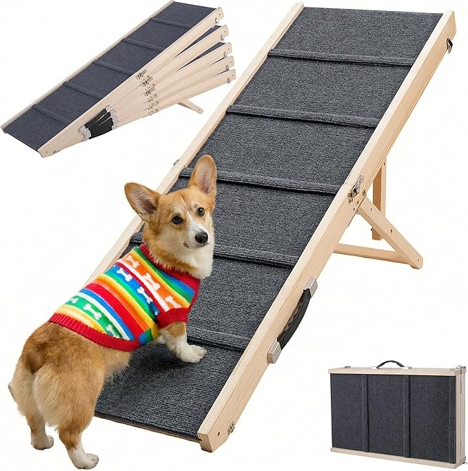 Dog Ramp for Bed & Couch - Extra 51.2" Long Adjustable Height 9.5" to 24" Wooden Non-Slip Pet Ramp, Portable Foldable Doggie Car Ramp for Small Medium Large Dogs, 200 LBS Load