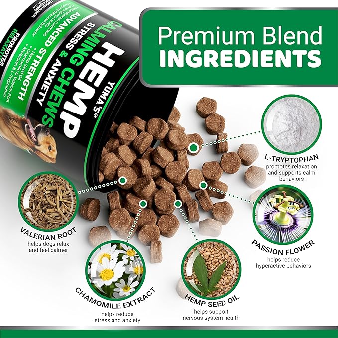 YUMA'S Advanced Calming Chews for Dogs - Hemp Dog Calming Chews - 70 Treats - Anxiety Relief Treats - Hemp Oil - Separation Aid, Stress, Hip and Joint Supplement for Canine Health Support